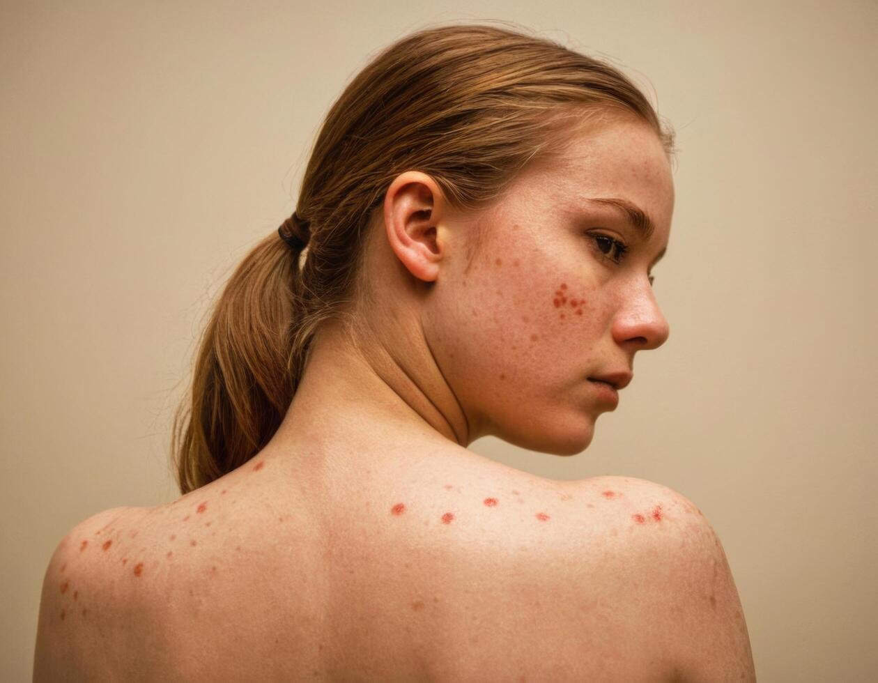 Young woman with red spots on her skin. Skin problem concept. Mpox or monkey pox. photo