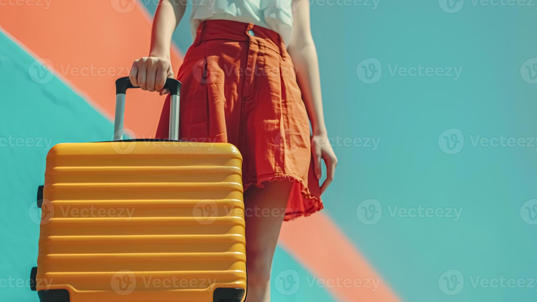 Woman Posing with Yellow Suitcase. Vacation Trip, Ready for Adventure, Solo Traveler. photo