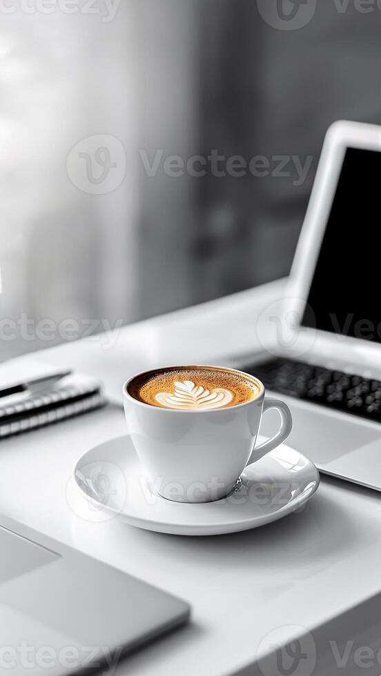 Cup of Cappuccino and Laptop on White Desk. Work From Home Essentials, Remote Worker, Productivity Setup. photo