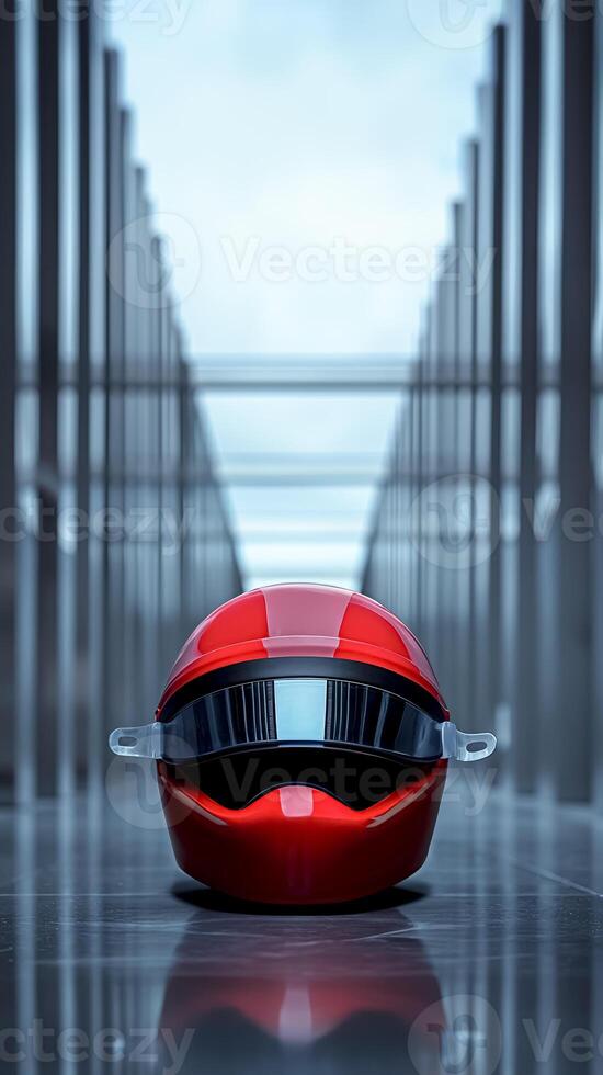 Red Racing Helmet on Corridor Floor. Symbol of Speed, Racing Legacy, Motorsports Concept. photo