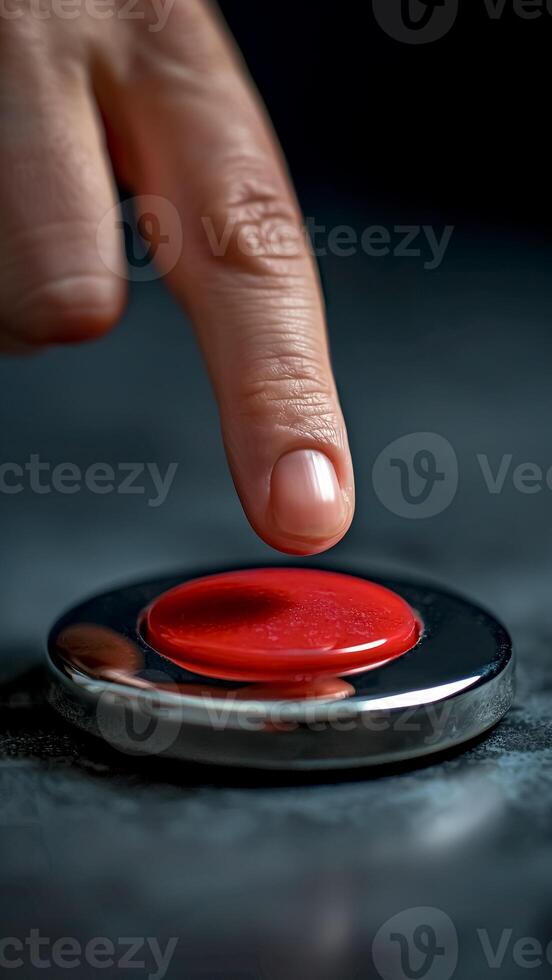 Finger Pressing a Red Panic Button. Crisis Management, Immediate Alert, High-Stress Moment. photo