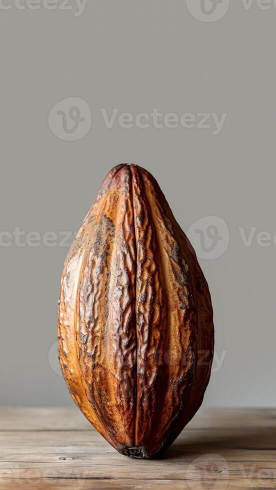A Single Cocoa Pod on Wooden Surface. Chocolate's Origins. Farm-to-Table, Natural Goodness, Culinary Inspiration. photo