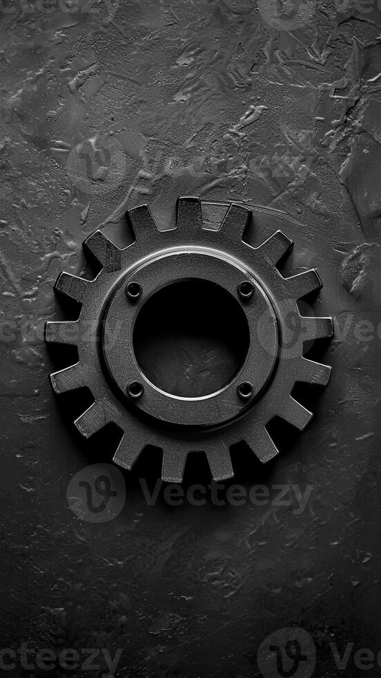 Single Cogwheel on Black Background. Representing Collaborative Power in a Cooperative. United Effort, Teamwork, Shared Success. photo