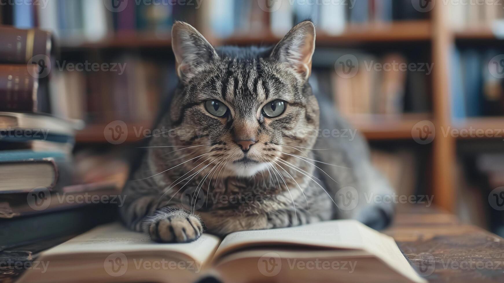 Curious Cat with a Book on Desk. Feline Friend, Learning Companion, Pet and Literature Concept. photo
