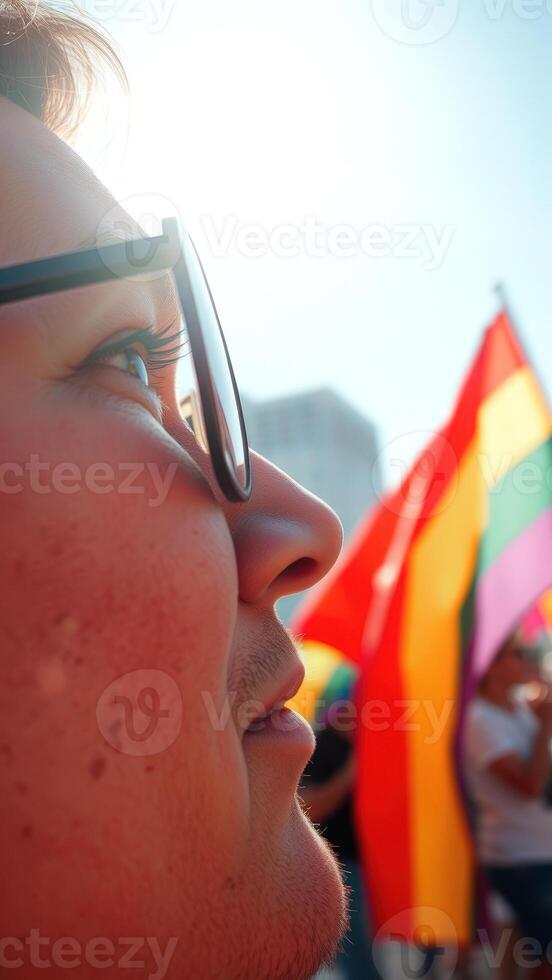 Close-up of a person's face looking up at a rainbow flag photo