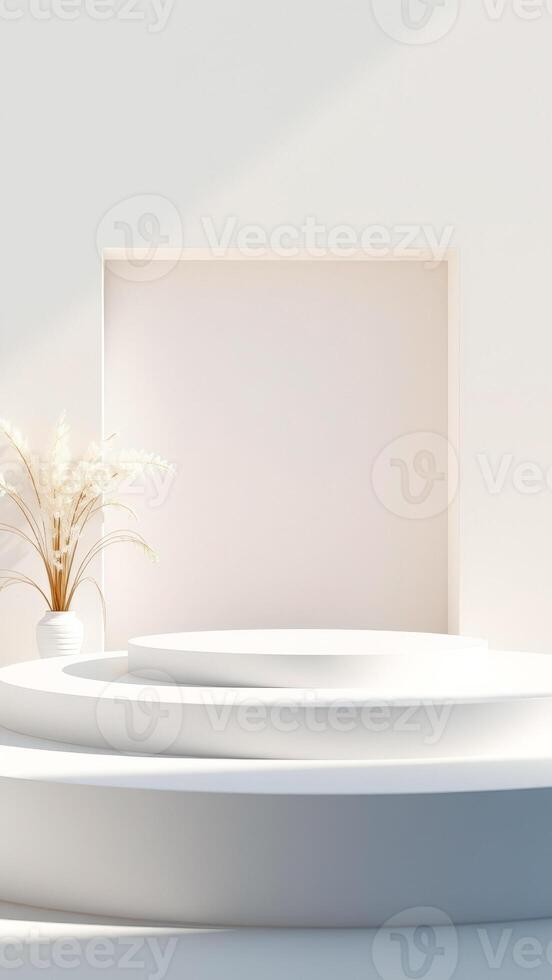 Minimalist White Pedestal with Dried Pampas Grass in a White Vase photo