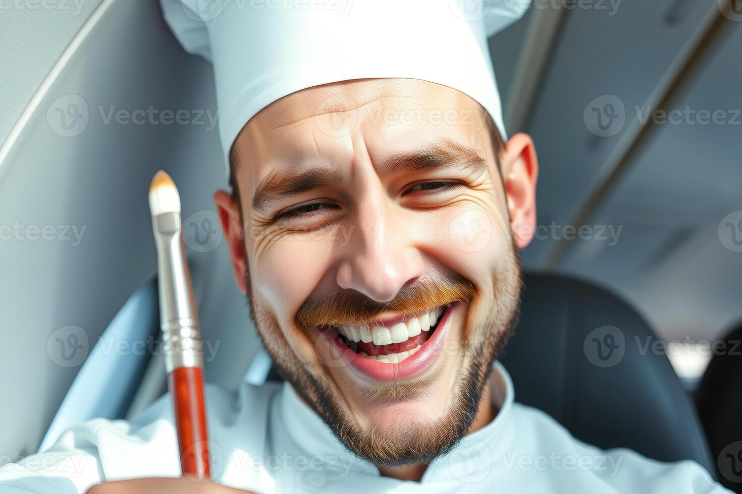 Portrait of a happy chef in a white chef hat with a paintbrush photo