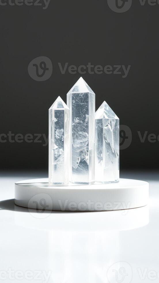 Clear Quartz Crystal Points on White Round Platform photo