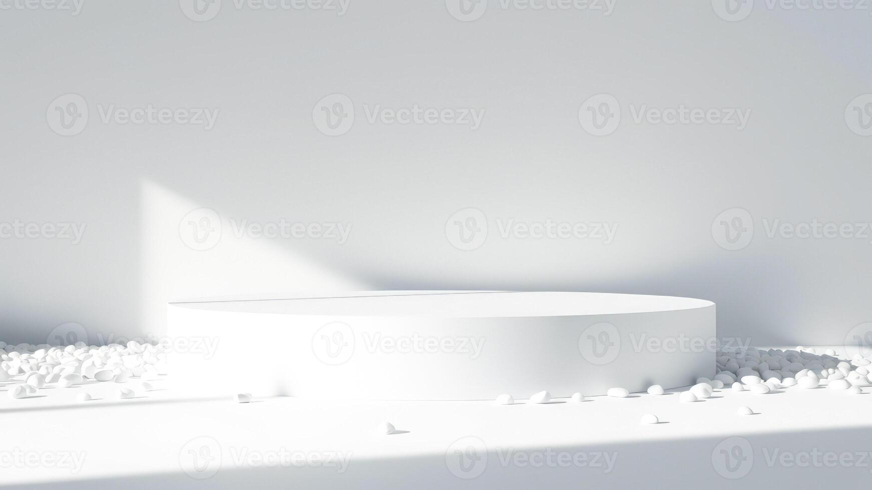 Minimalist White Platform with Scattered Rocks photo