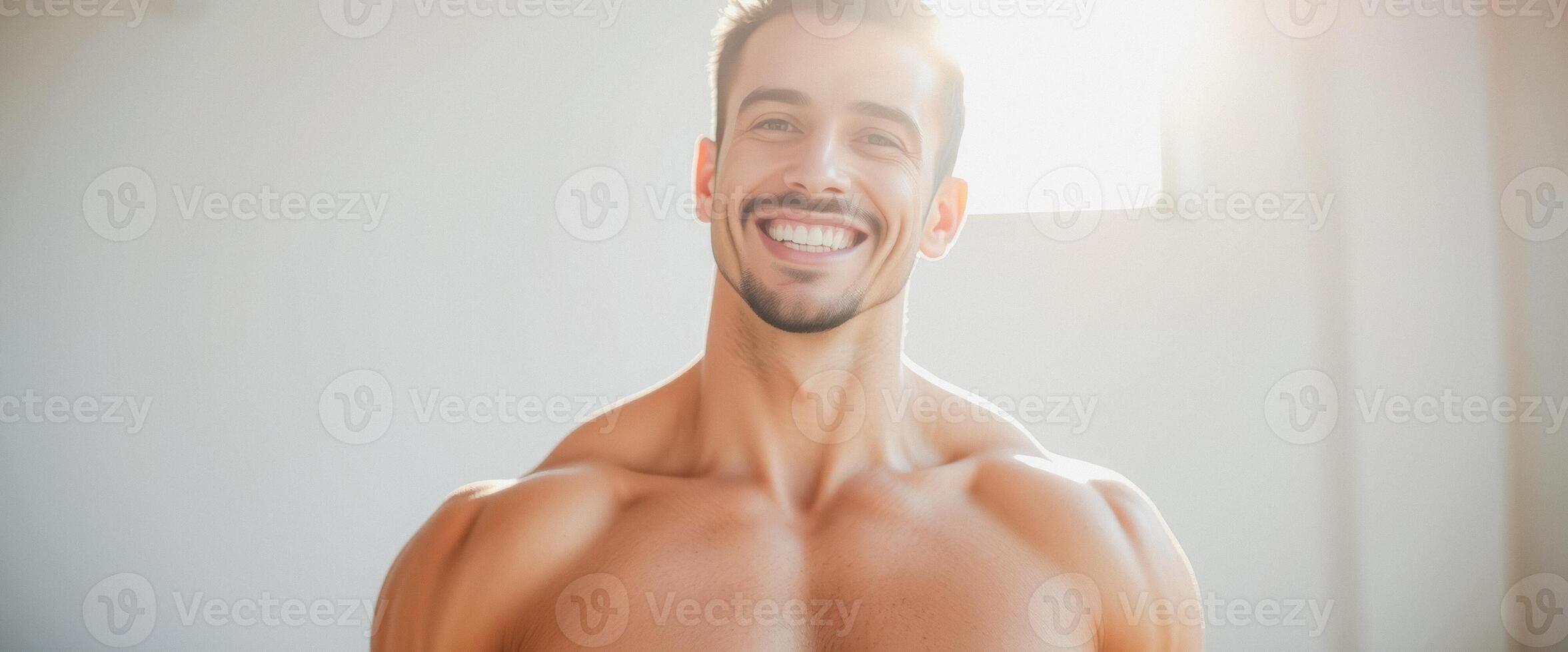 Handsome man smiling with his shirt off photo