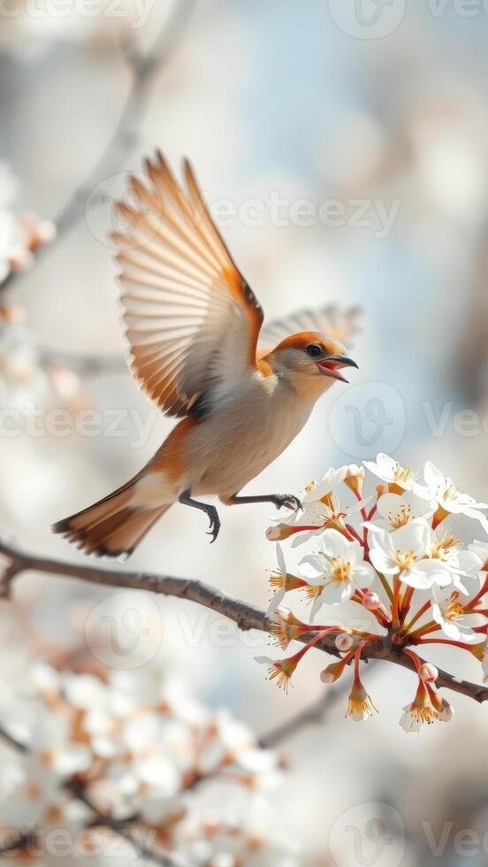 Bird Perched on Blossom Branch photo