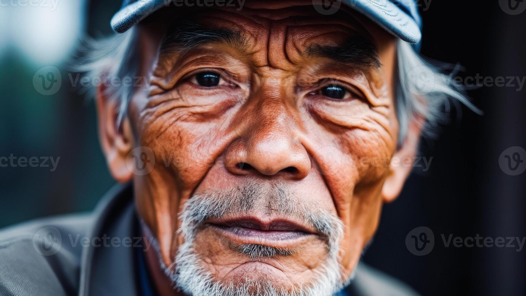 Close-up Portrait of an Elderly Asian Man with a Grey Beard and Wrinkles photo