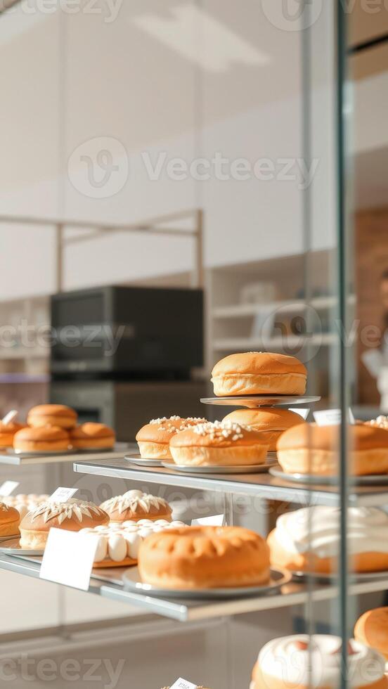 Freshly Baked Donuts on Display in a Bakery photo
