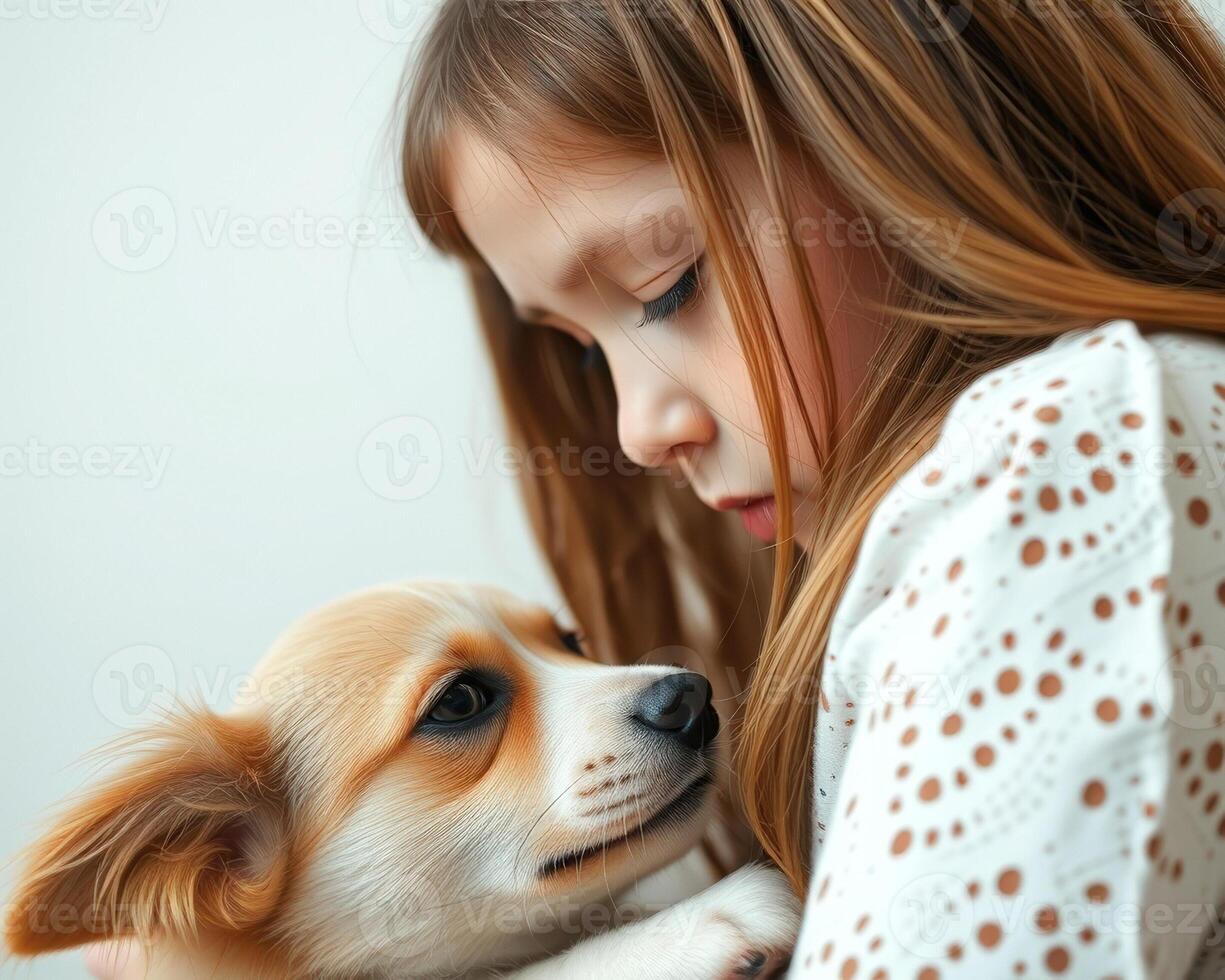 Girl and puppy looking at each other photo