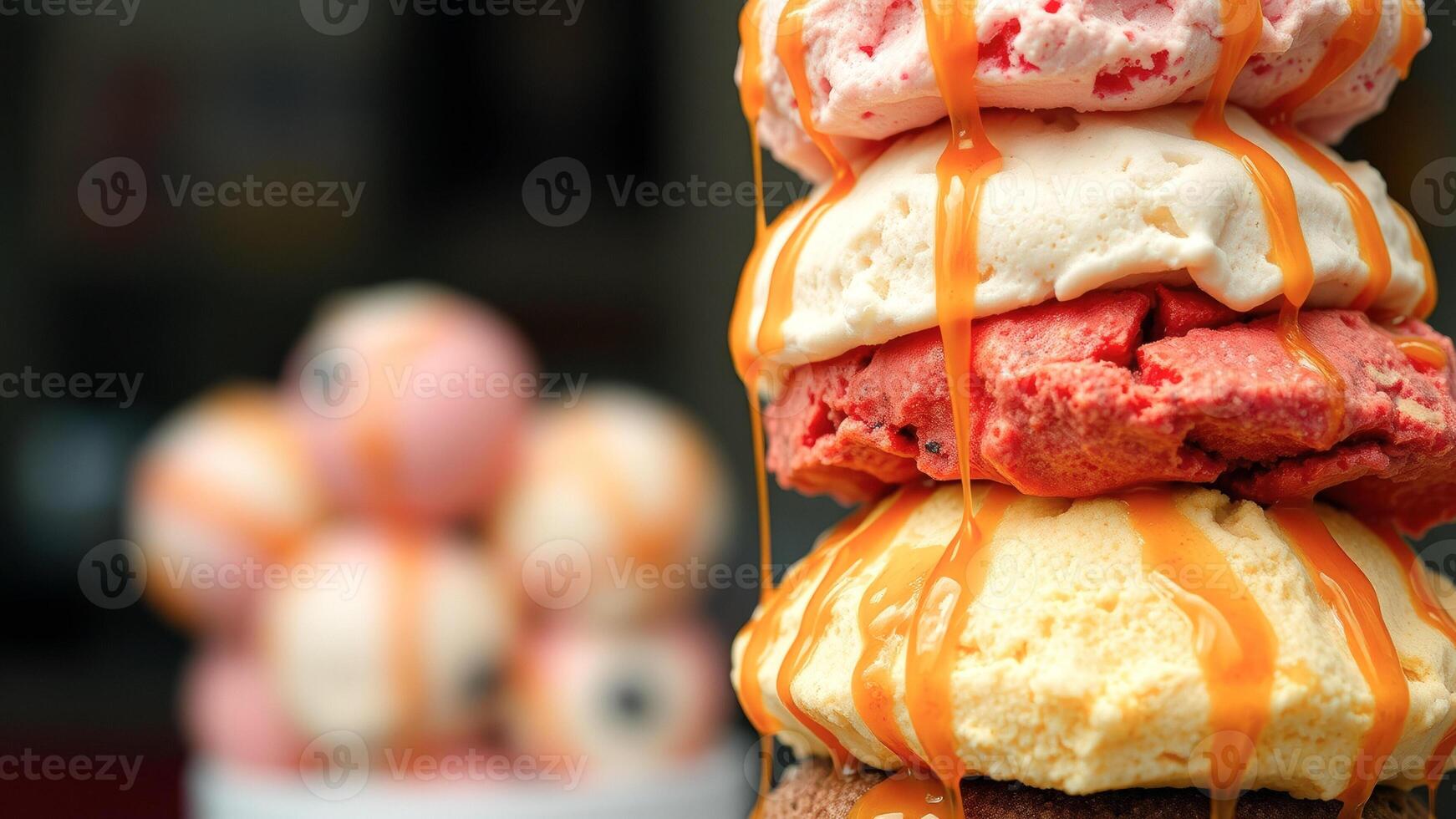 Close Up of Stacked Ice Cream Scoops with Caramel Drizzle photo