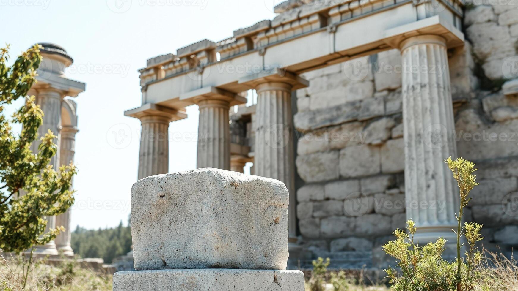 Closeup of a stone block in front of an ancient Greek temple photo