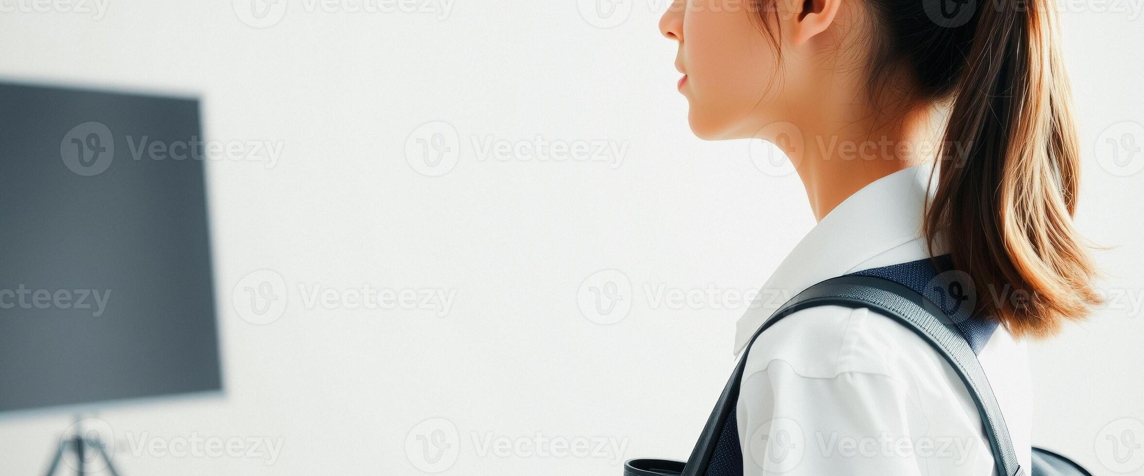 Young woman with ponytail looking to the side photo