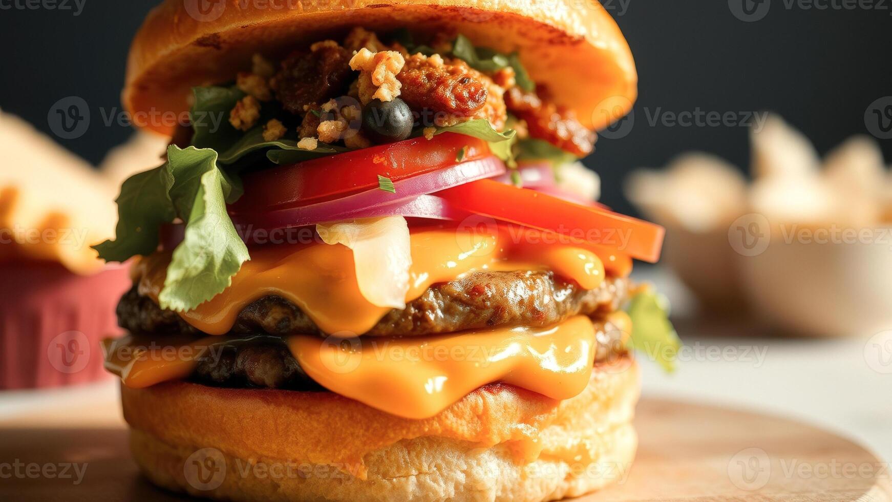 Close Up of a Juicy Cheeseburger with Melted Cheese and Toppings photo