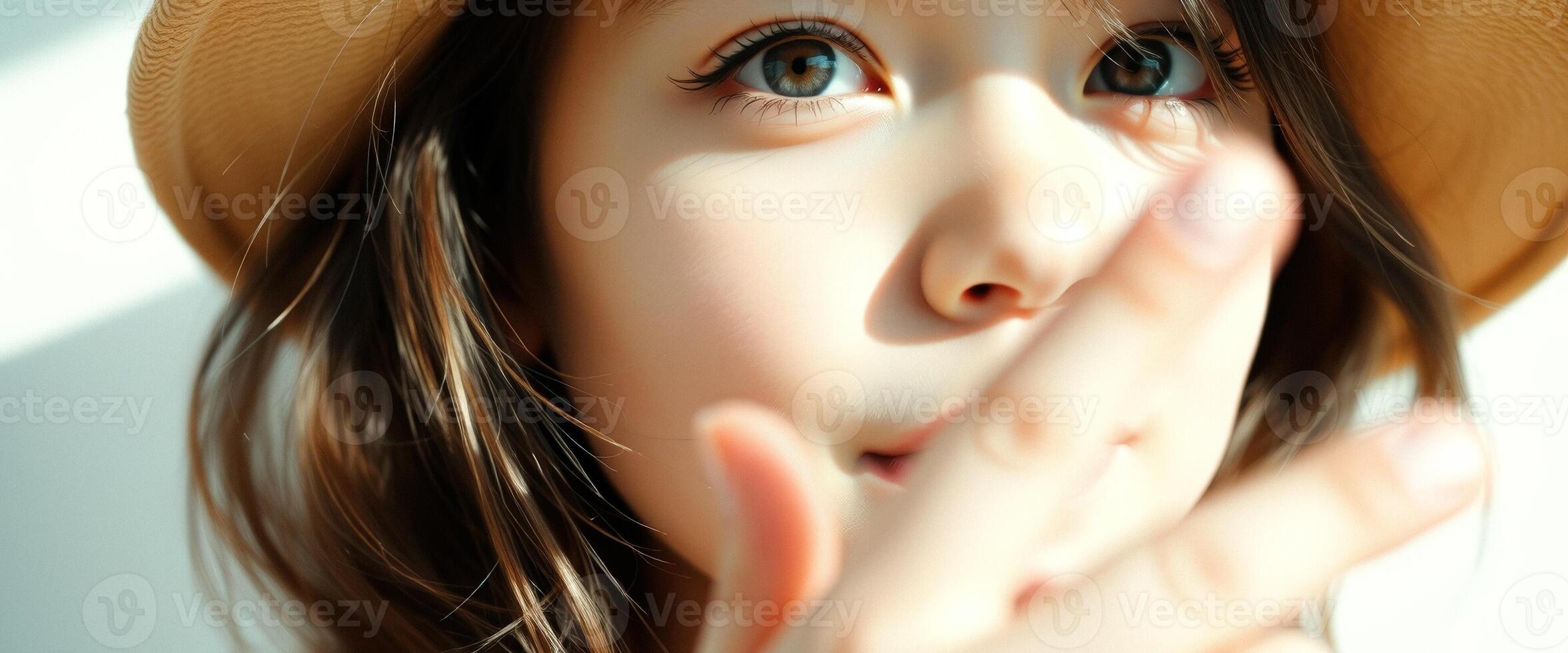 Young girl with brown hair and a straw hat, looking at the camera with a dreamy expression photo