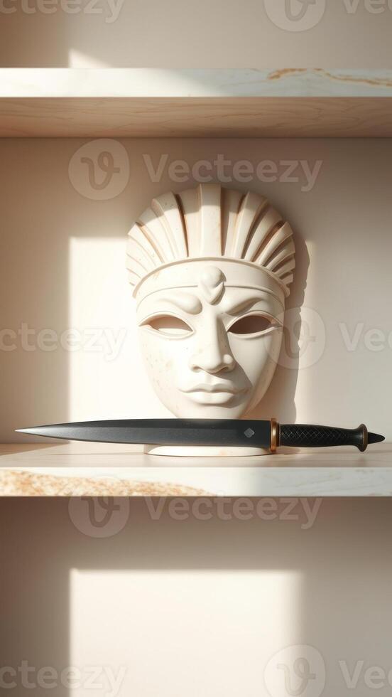 Ancient Egyptian Mask and Dagger on Wooden Shelf photo