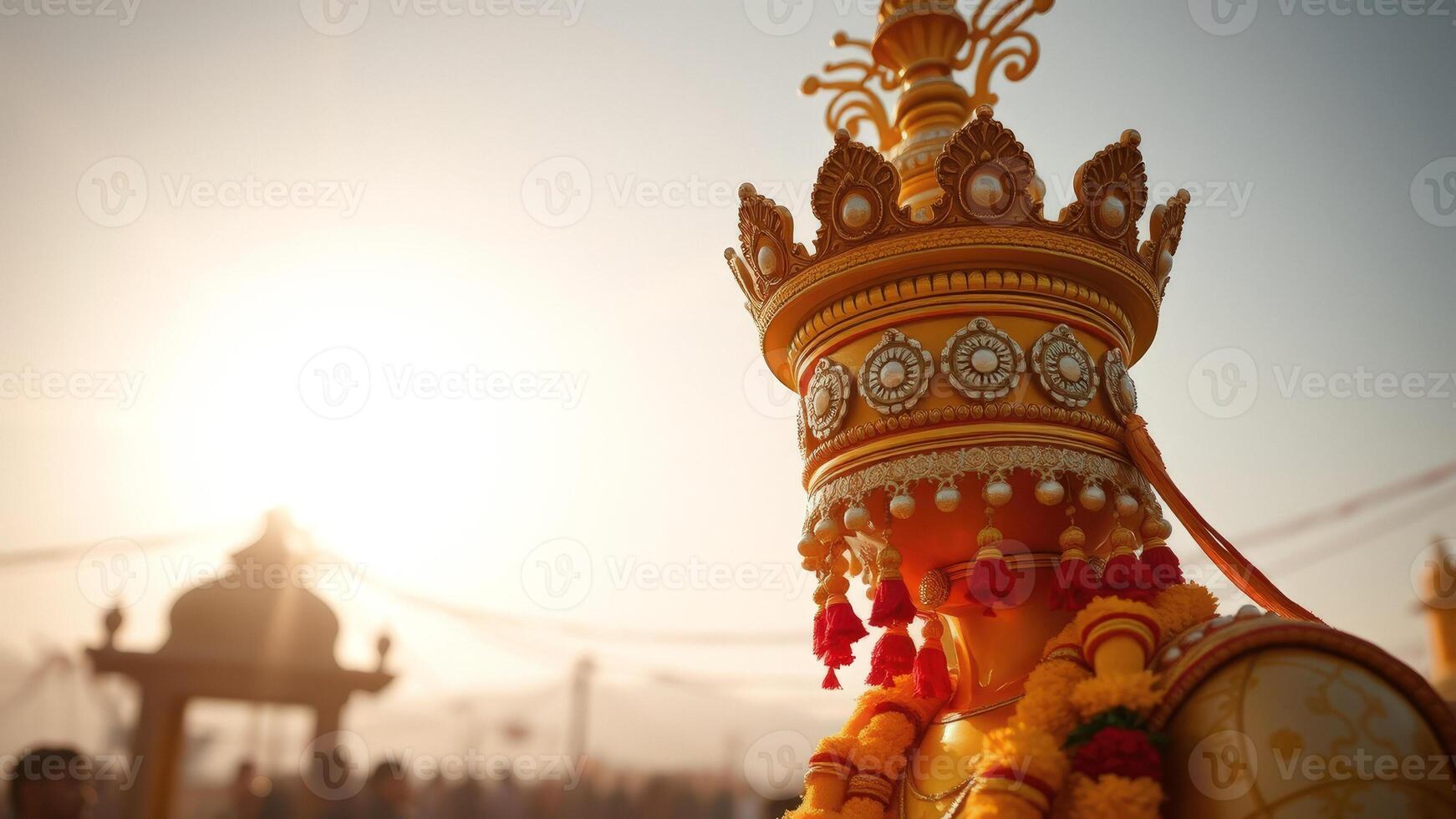 Close Up of Golden Statue Decorated with Flowers and Tassels photo