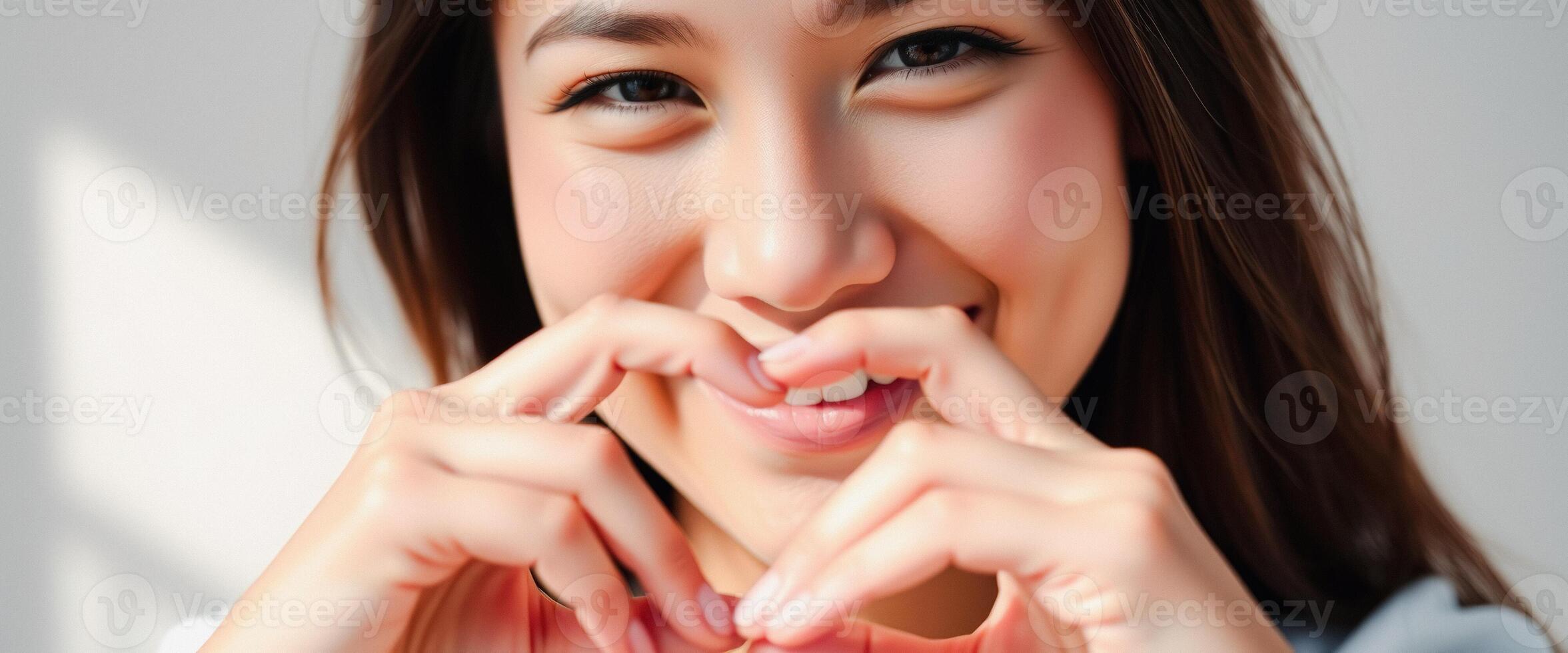 Closeup Portrait of a Young Woman Making a Heart Shape with Her Hands photo