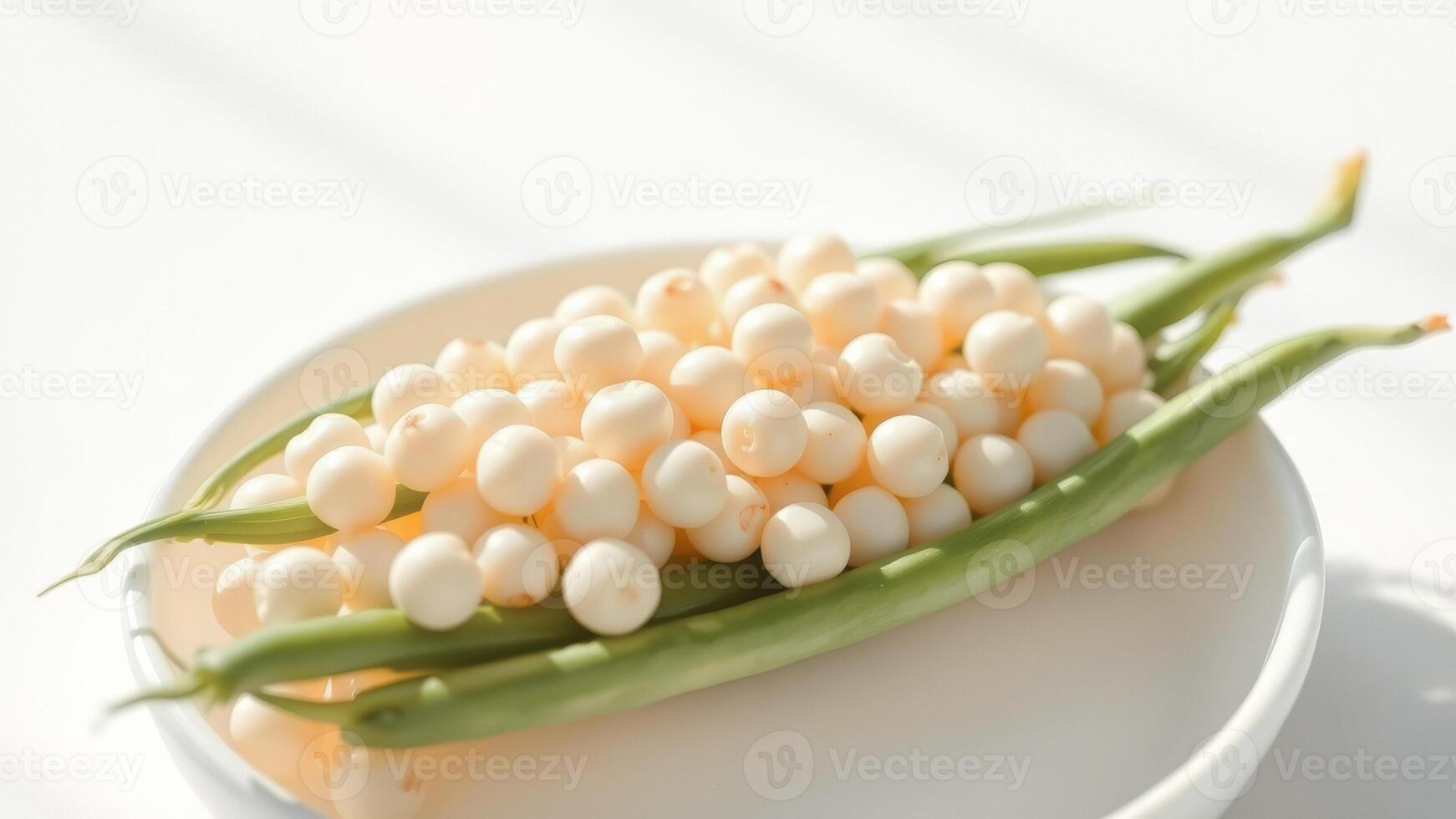 Green Beans and White Pearls in a White Bowl photo
