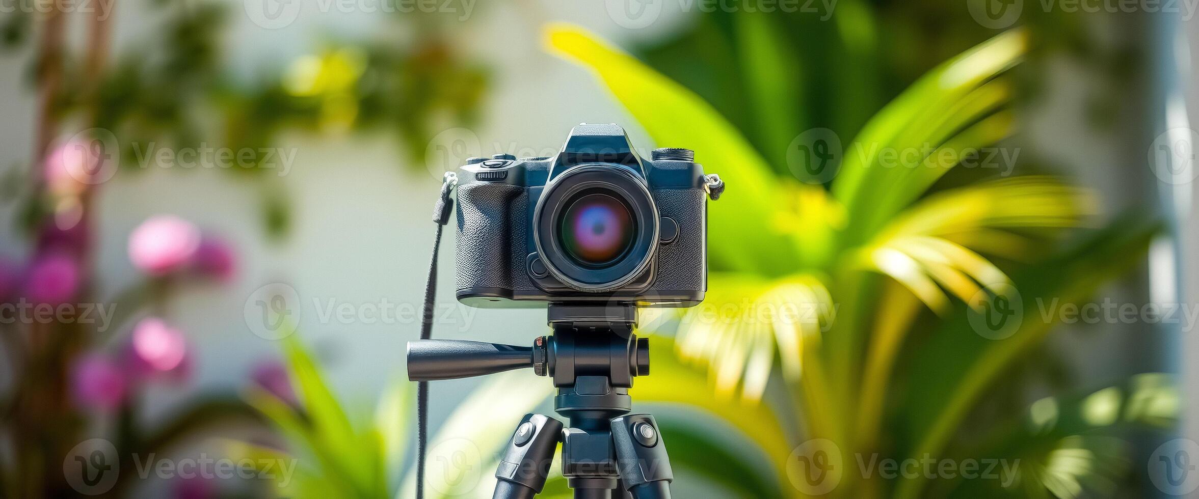 Camera on a Tripod in Front of a Green Background photo