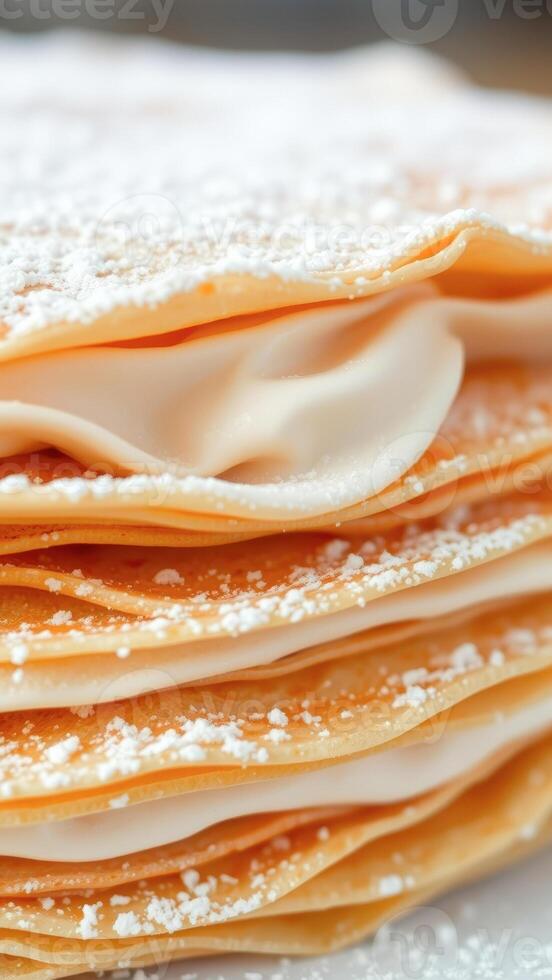 Close-up of a Delicious Pastry with Creamy Filling and Powdered Sugar photo