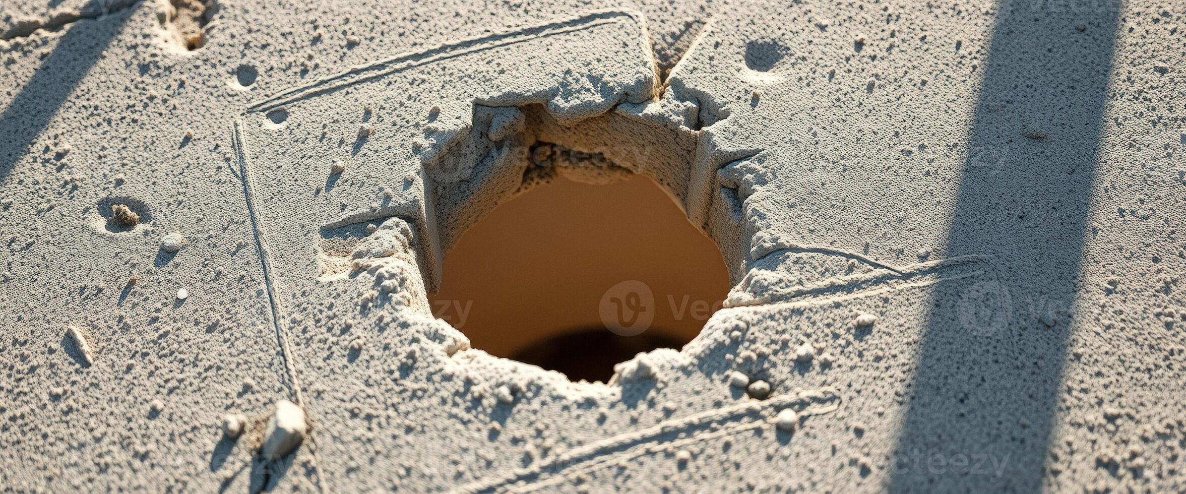 Closeup of a Hole in a Concrete Surface photo