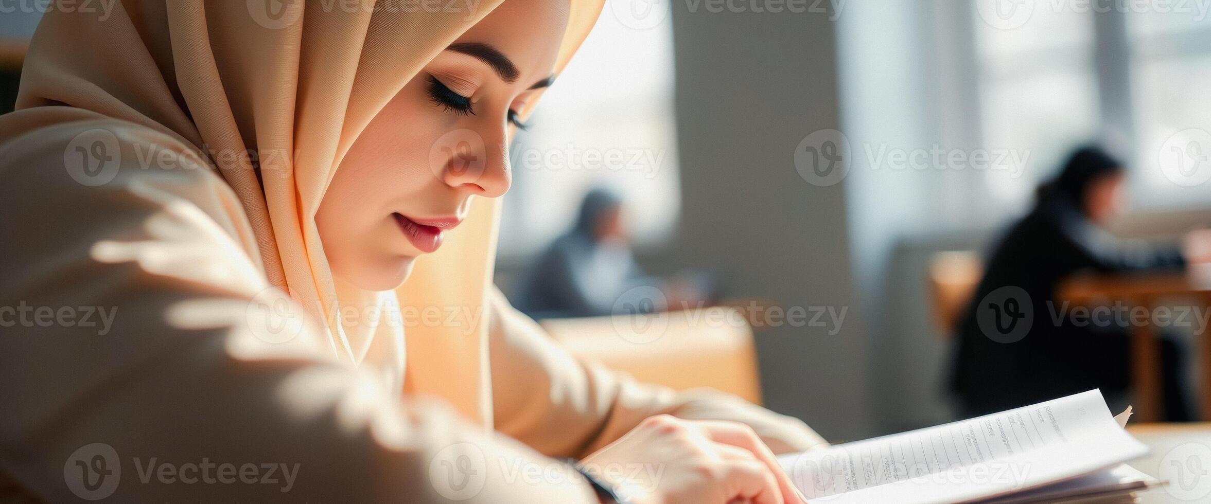 Woman in hijab reading a book in a cafe photo