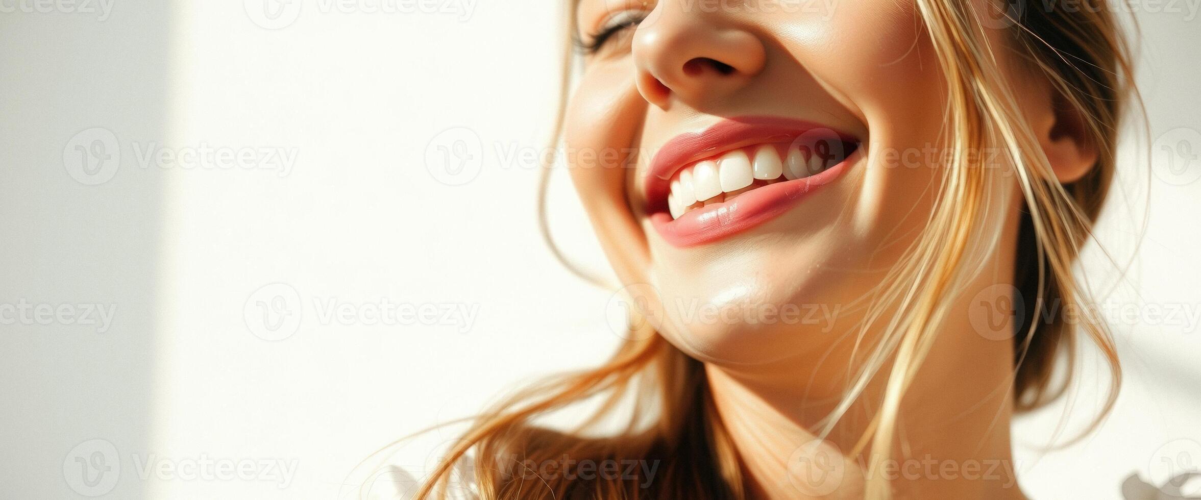 Close up of a woman smiling with her mouth open showing her white teeth photo