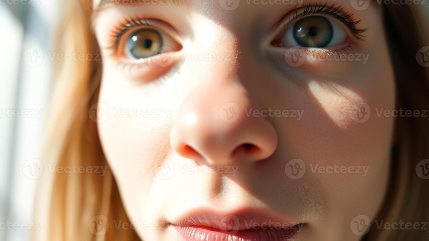 Close-up of a woman's eye and nose with sun reflecting off her skin photo