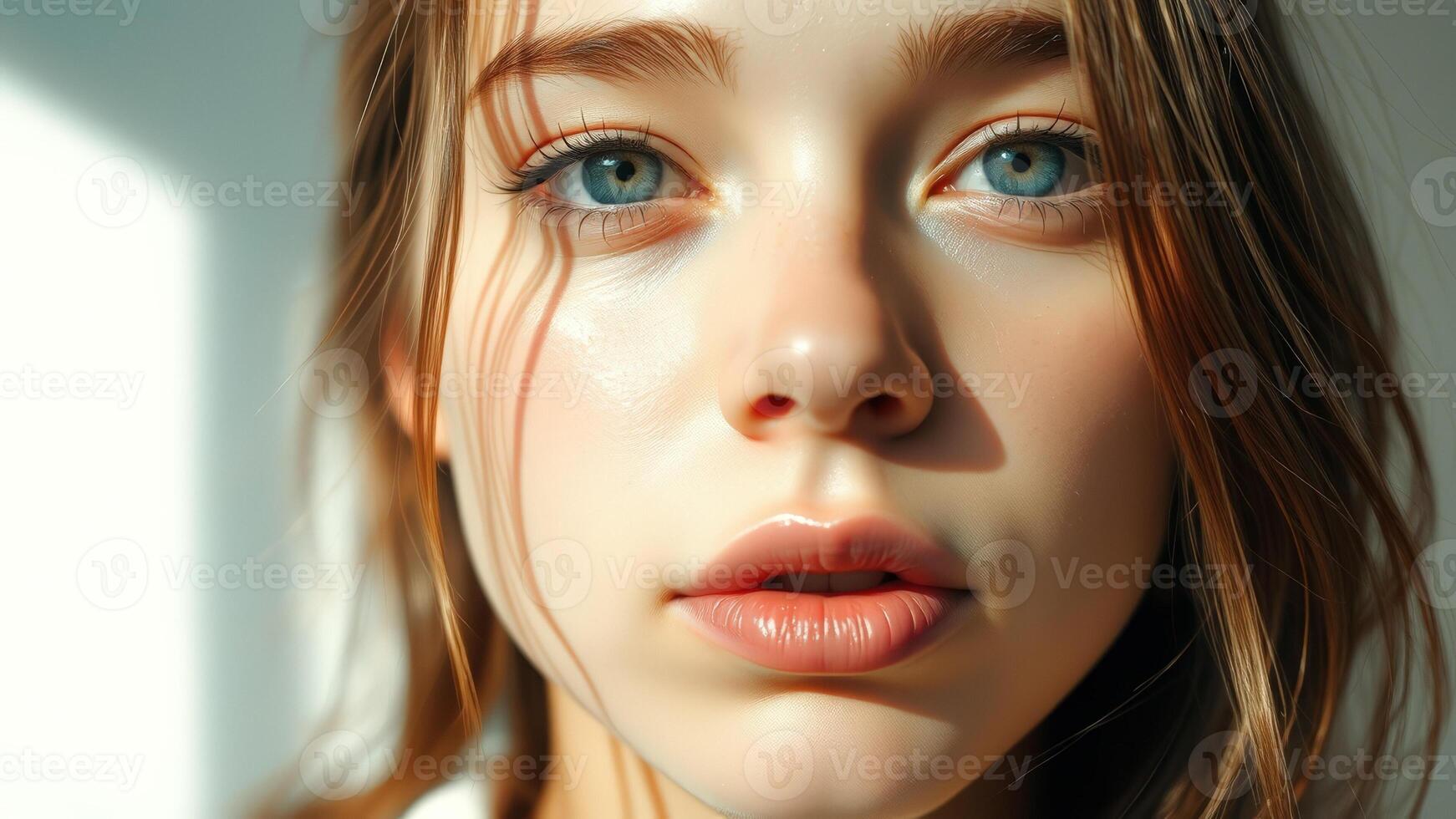Close-up Portrait of a Young Woman with Blue Eyes photo