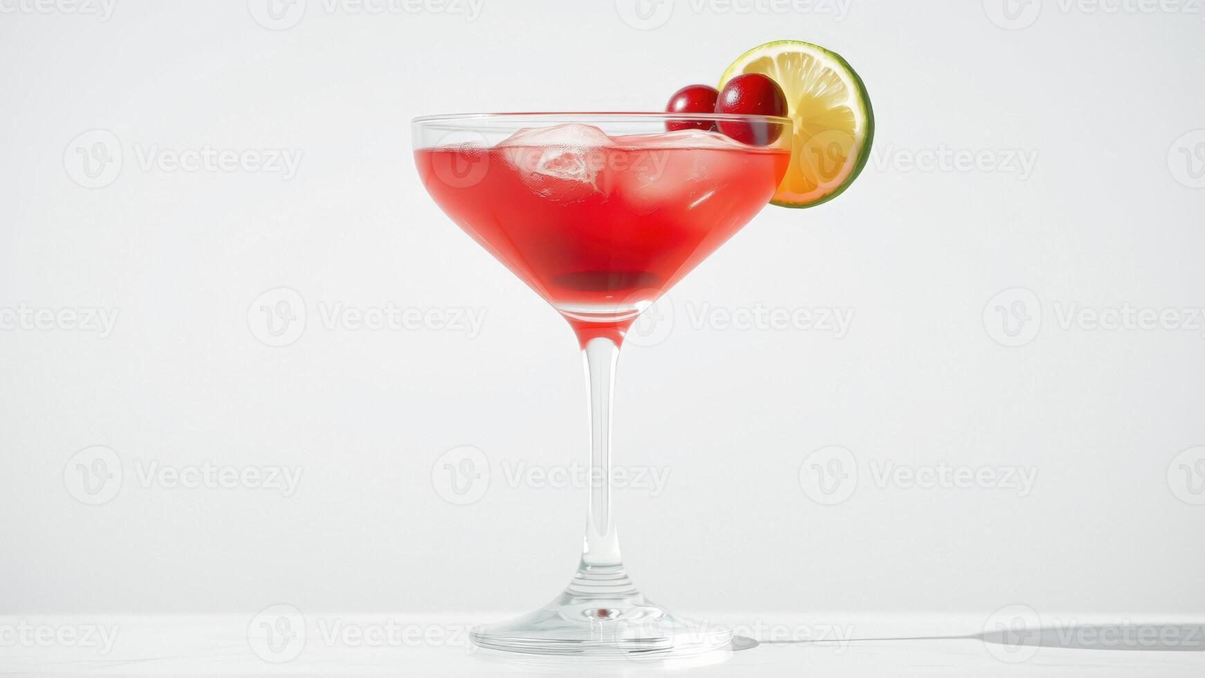Close up of a red cocktail with lime and cherries on a white background photo