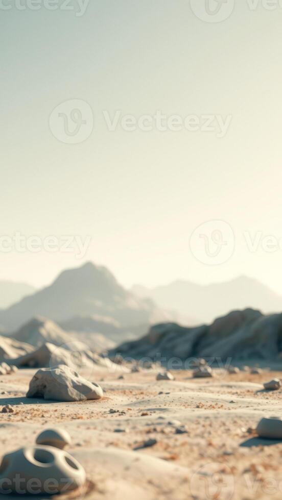 Desert Landscape with Rocks and Mountains in the Background photo