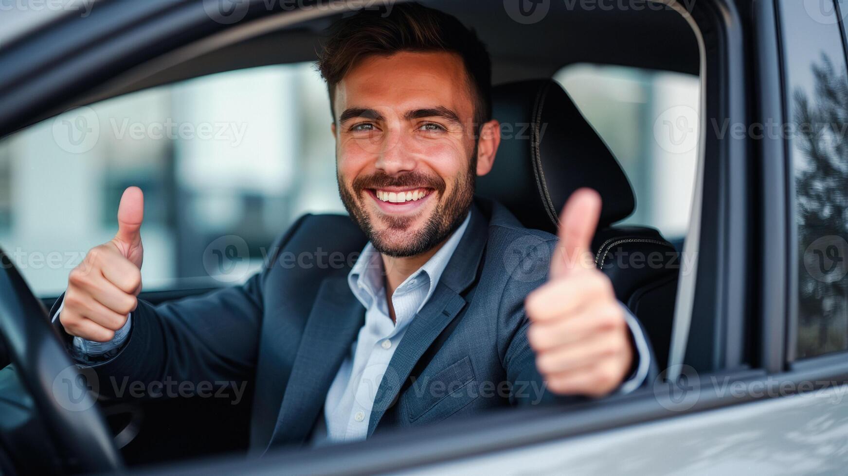Happy businessman giving thumbs up in car photo