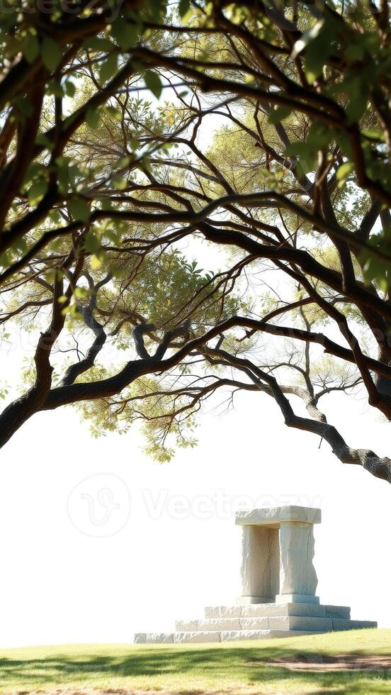 Ancient Stone Structure Framed by Lush Tree Branches photo