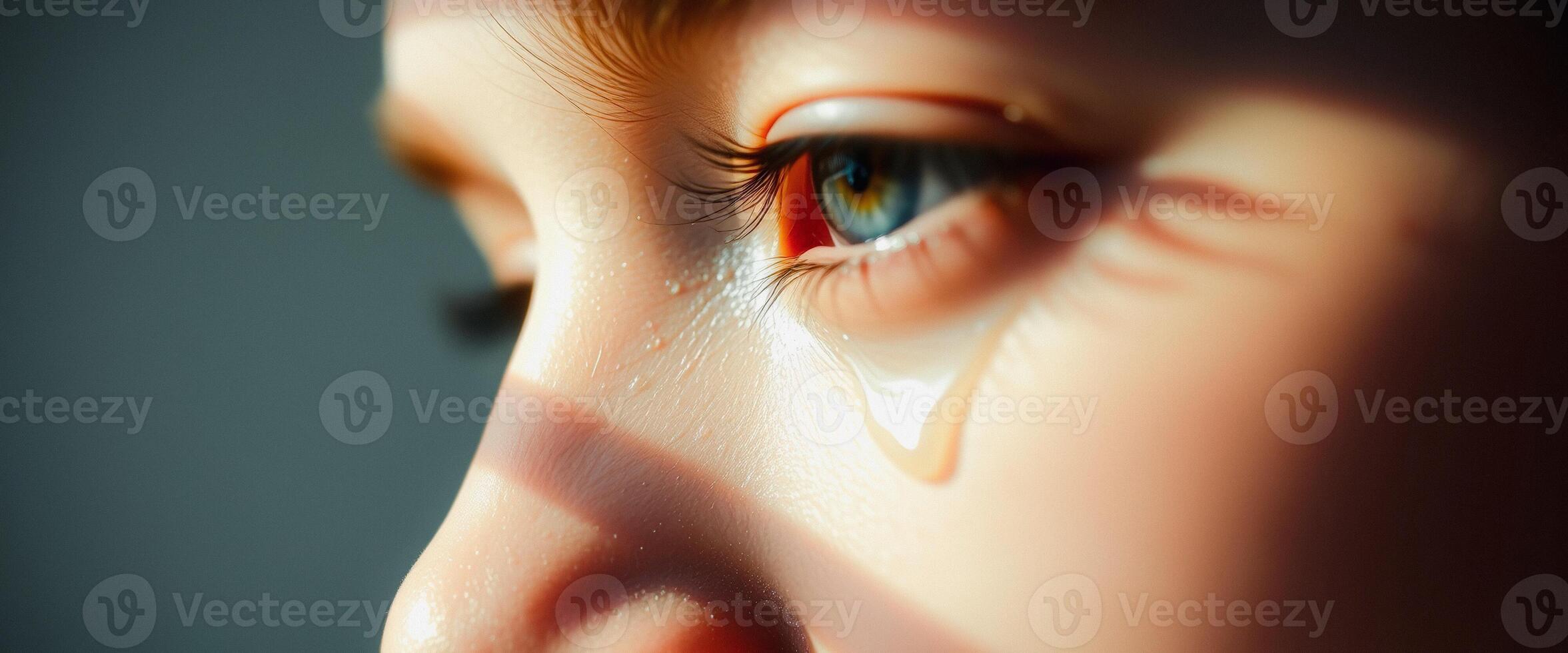 Close-up of a tear rolling down a cheek photo