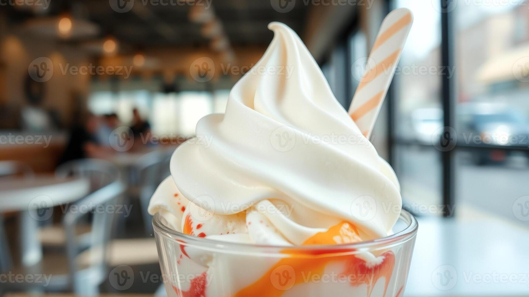 Close-up of Creamy Ice Cream Sundae with Orange and Red Sauces photo