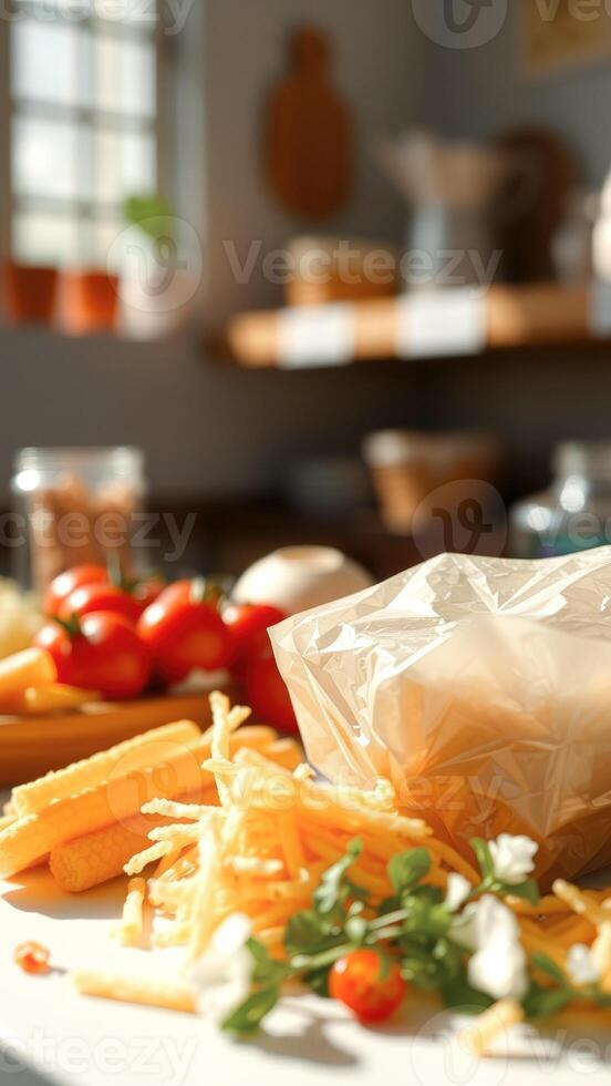 Closeup of Spaghetti Noodles in a Plastic Bag with Cherry Tomatoes and White Flowers in the Foreground photo