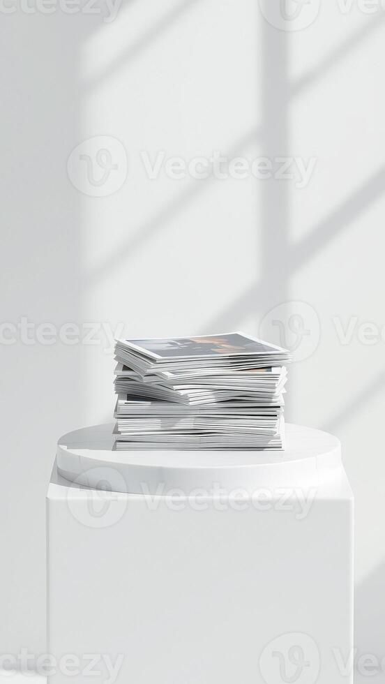 Stack of magazines on a white pedestal photo