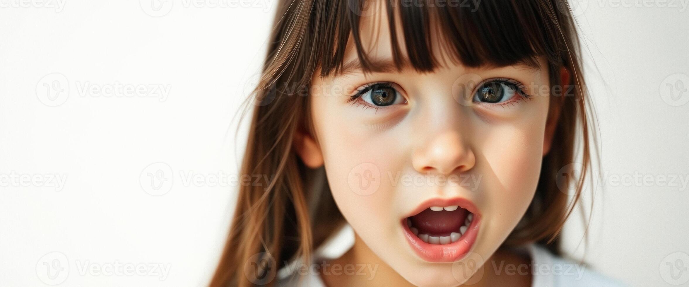 Close-up portrait of surprised little girl with open mouth photo