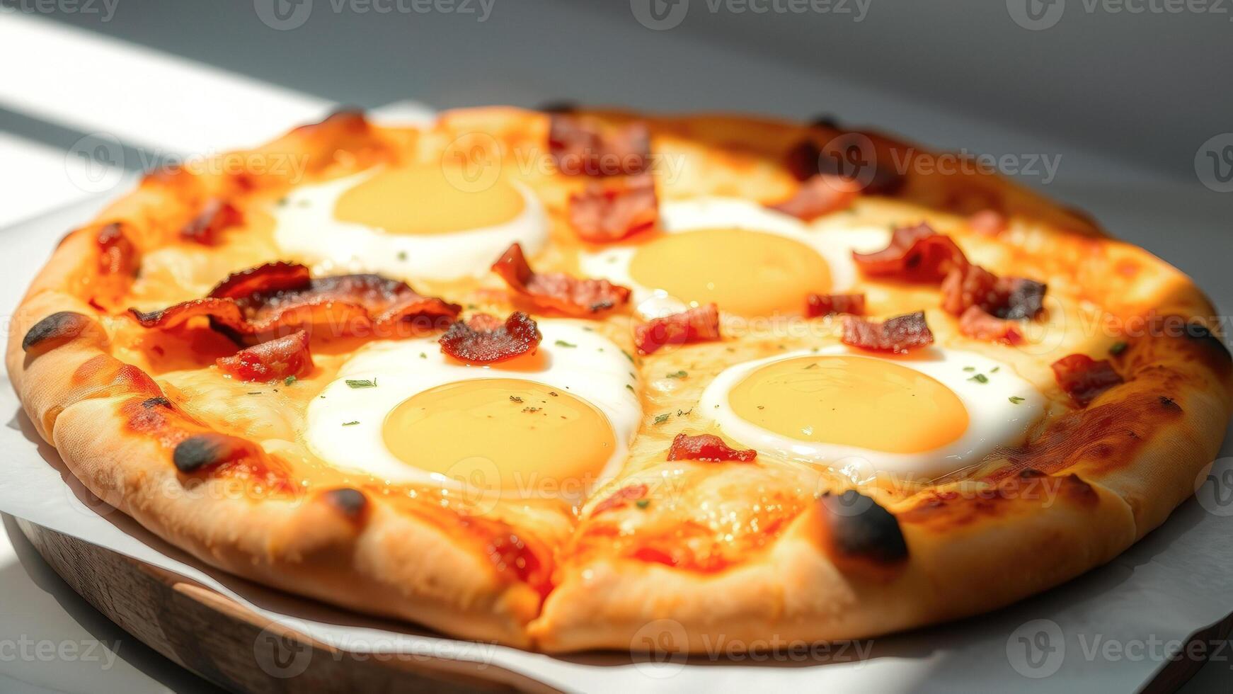 Closeup of a pizza with fried eggs and bacon photo