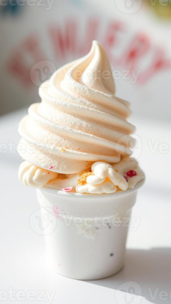 Closeup of a single serving of soft serve ice cream with sprinkles in a white cup photo