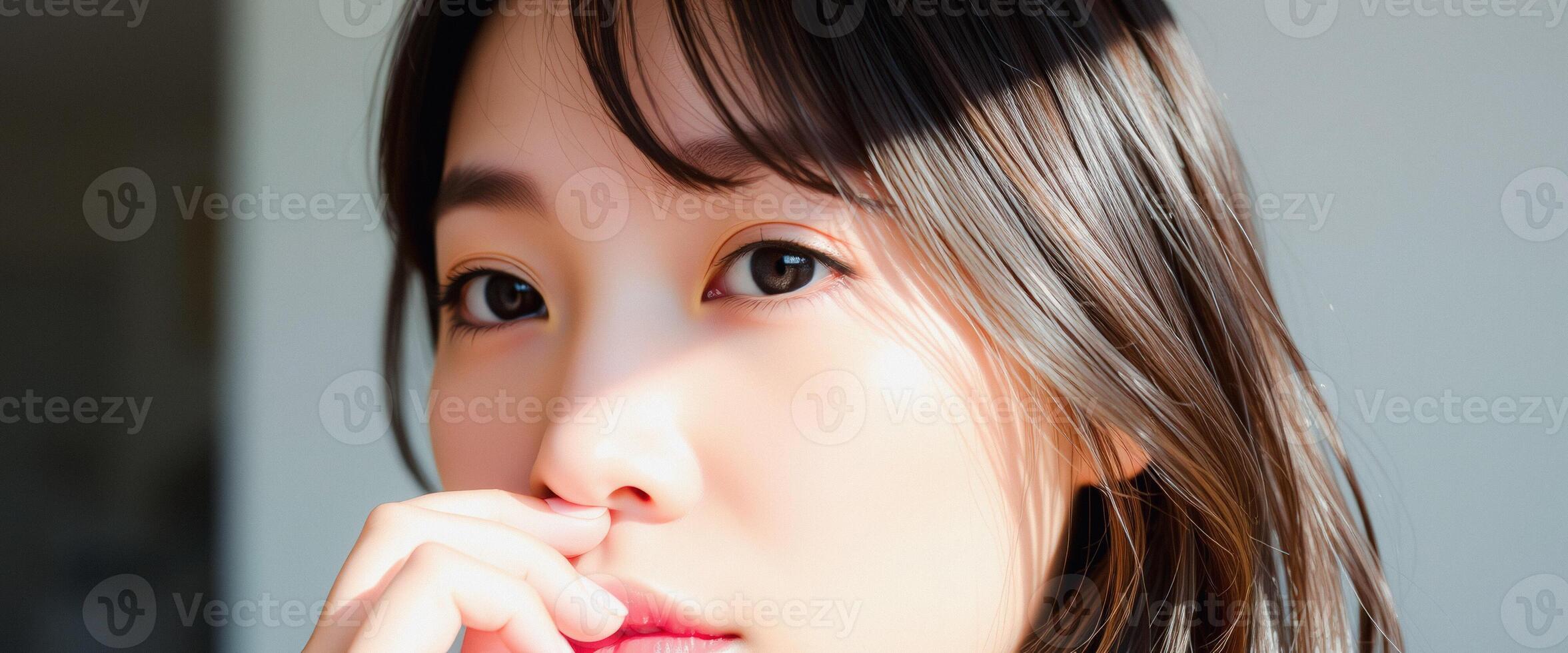 Close-up Portrait of a Young Woman with Brown Hair and Bright Eyes photo