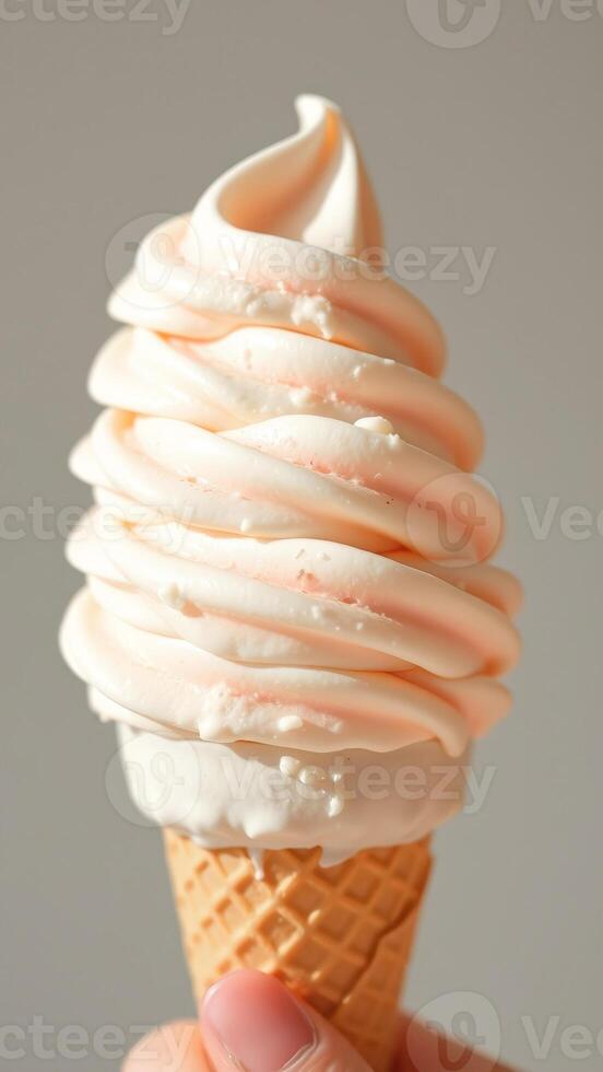Closeup of Vanilla Ice Cream Cone with a Pink Swirl photo