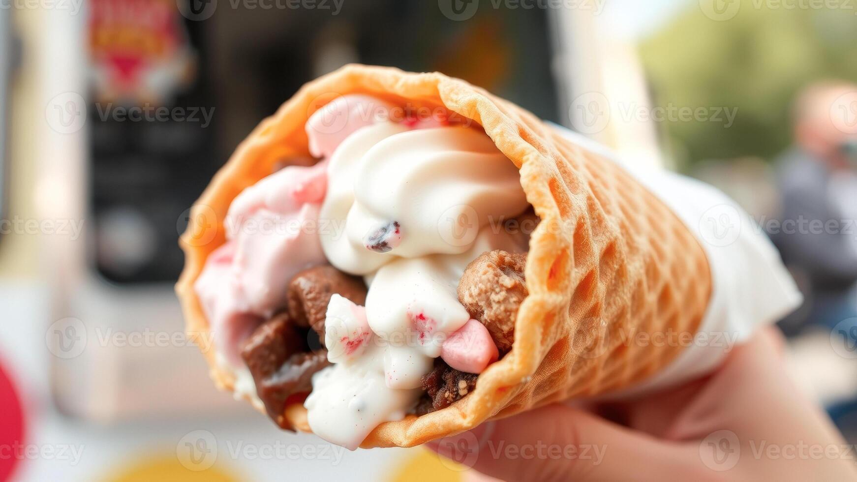 Closeup of a waffle cone filled with ice cream and toppings photo