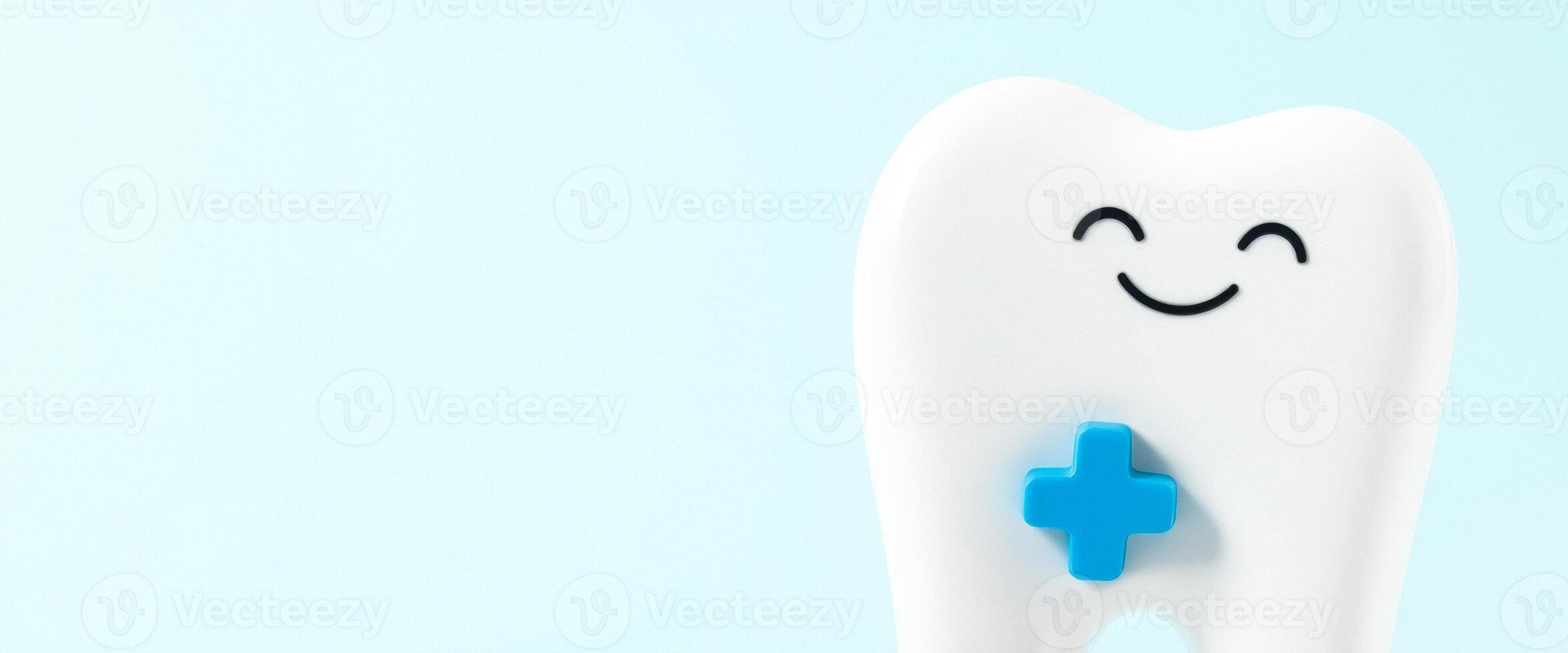 Happy Tooth with a Blue Plus Sign on a Light Blue Background photo