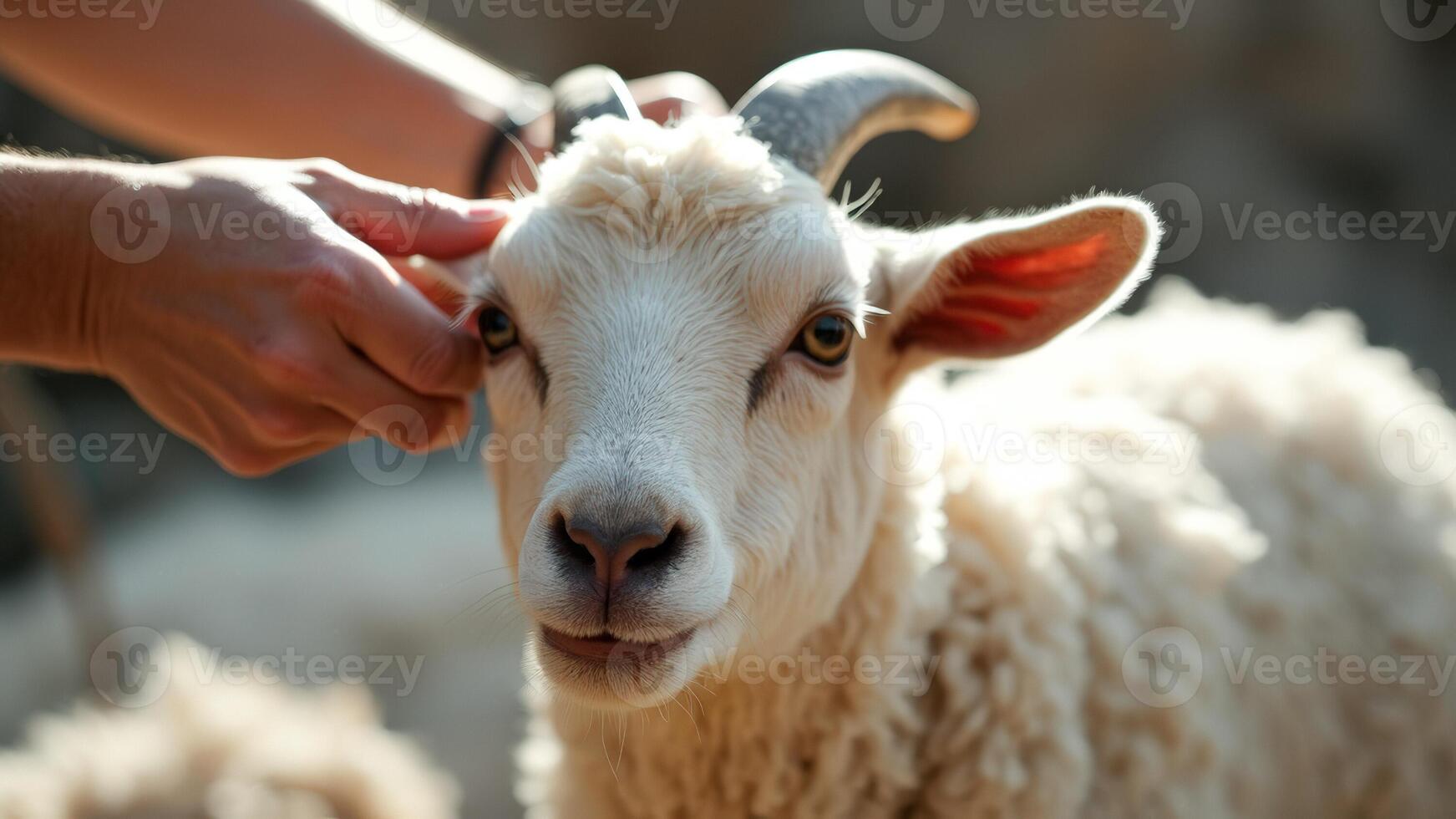 Close-up of a goat's face being petted photo